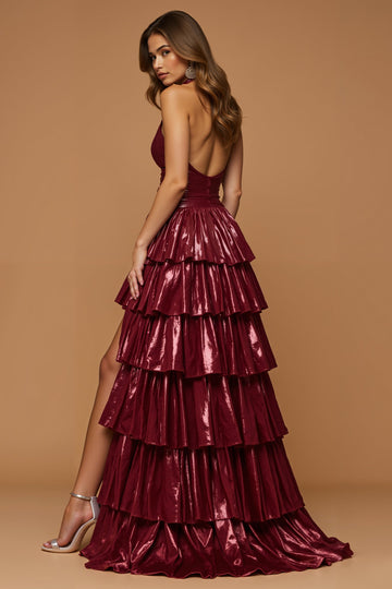 Błyszcząca bordowa metaliczna wiązana na szyi warstwowa marszczona długa sukienka na imprezę świąteczną z rozcięciem